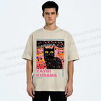 Unisex Yayoi Kusama Black Cat With Dots Printed Washed Tee