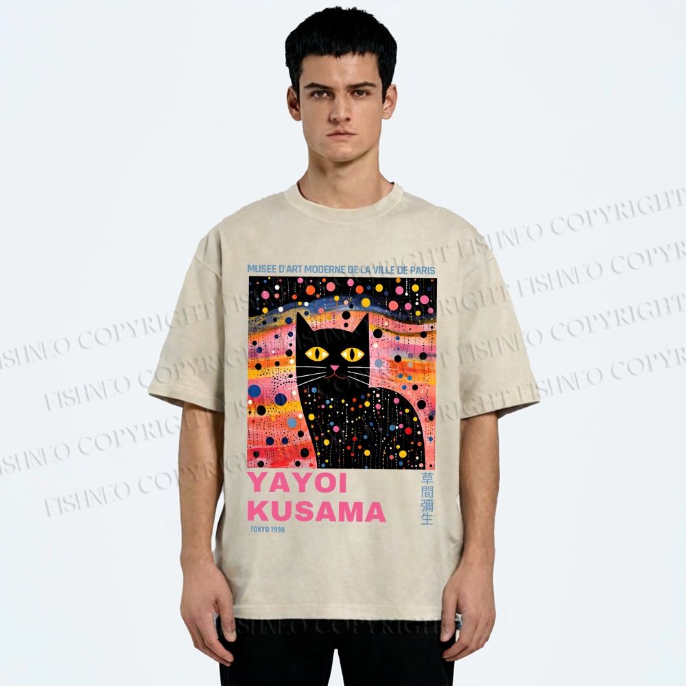Unisex Yayoi Kusama Black Cat With Dots Printed Washed Tee