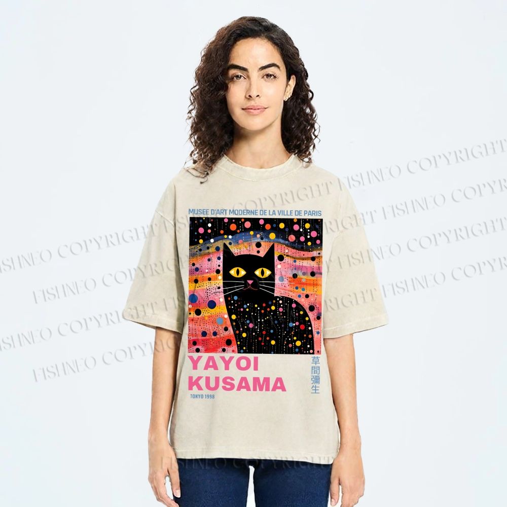 Unisex Yayoi Kusama Black Cat With Dots Printed Washed Tee