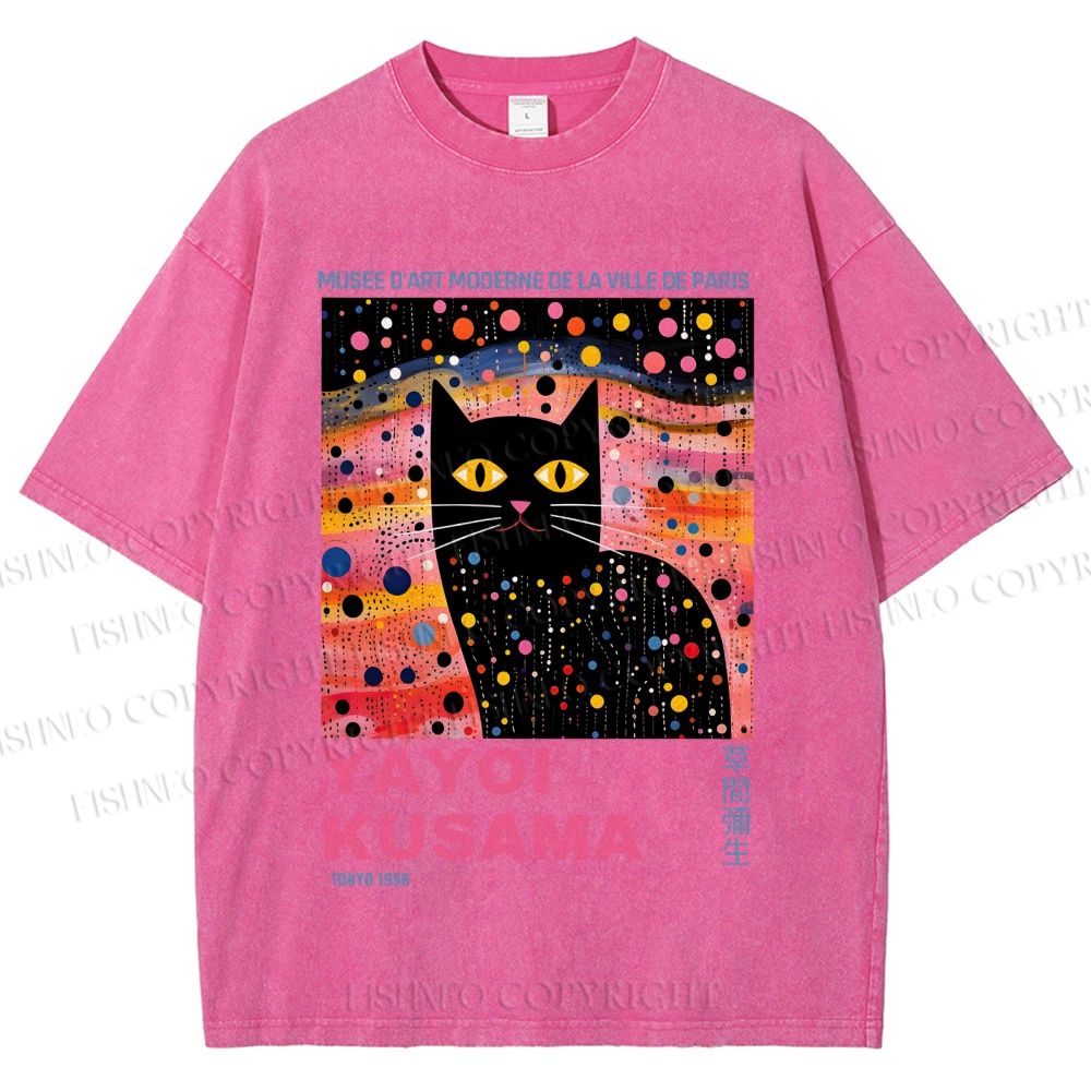 Unisex Yayoi Kusama Black Cat With Dots Printed Washed Tee