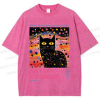 Unisex Yayoi Kusama Black Cat With Dots Printed Washed Tee