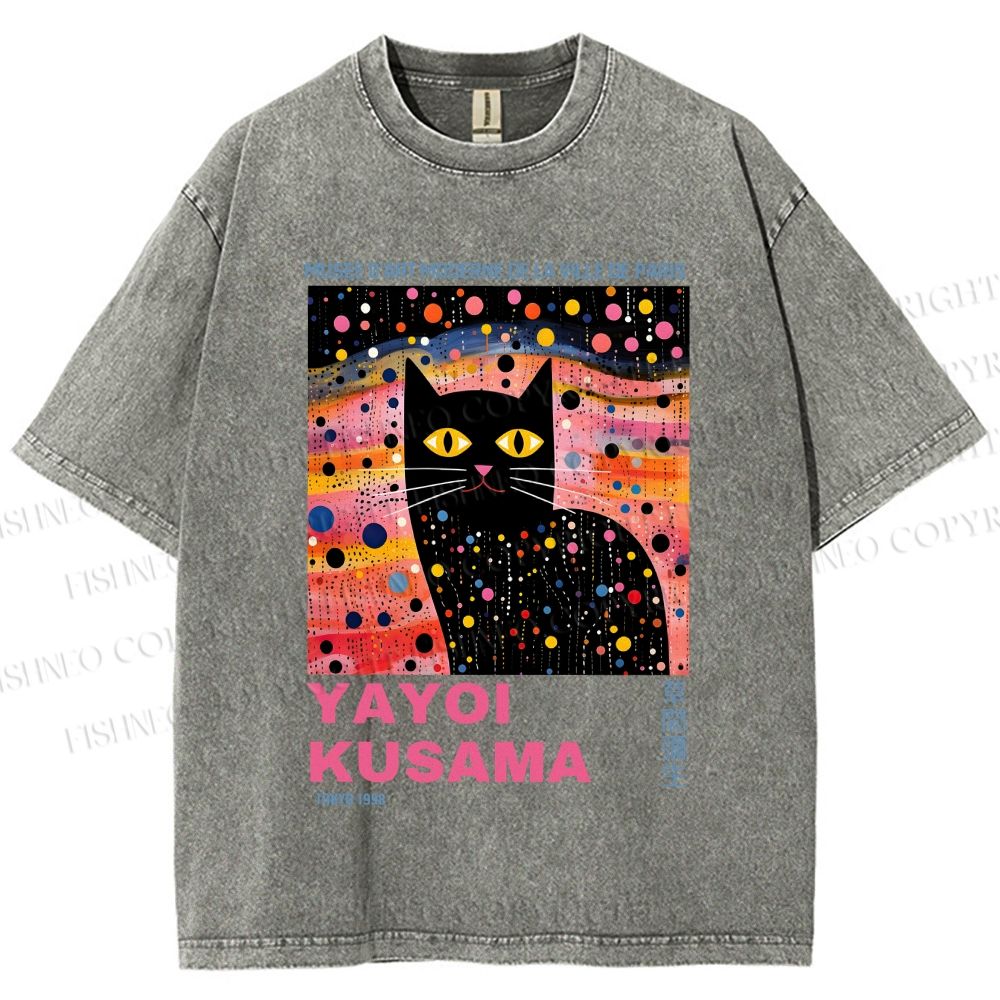 Unisex Yayoi Kusama Black Cat With Dots Printed Washed Tee