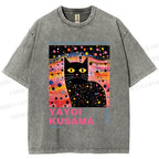 Unisex Yayoi Kusama Black Cat With Dots Printed Washed Tee
