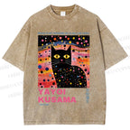 Unisex Yayoi Kusama Black Cat With Dots Printed Washed Tee