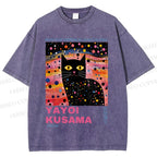 Unisex Yayoi Kusama Black Cat With Dots Printed Washed Tee