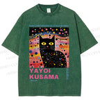 Unisex Yayoi Kusama Black Cat With Dots Printed Washed Tee