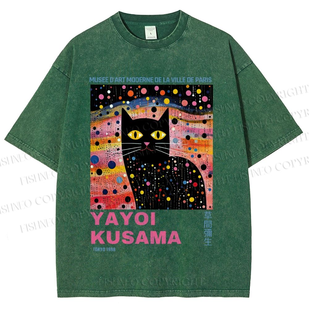 Unisex Yayoi Kusama Black Cat With Dots Printed Washed Tee