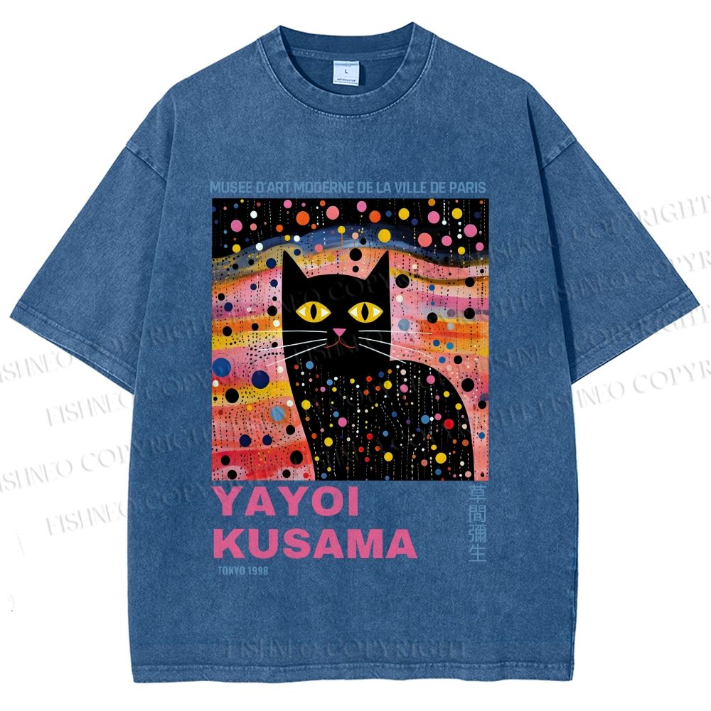 Unisex Yayoi Kusama Black Cat With Dots Printed Washed Tee