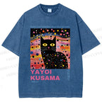 Unisex Yayoi Kusama Black Cat With Dots Printed Washed Tee