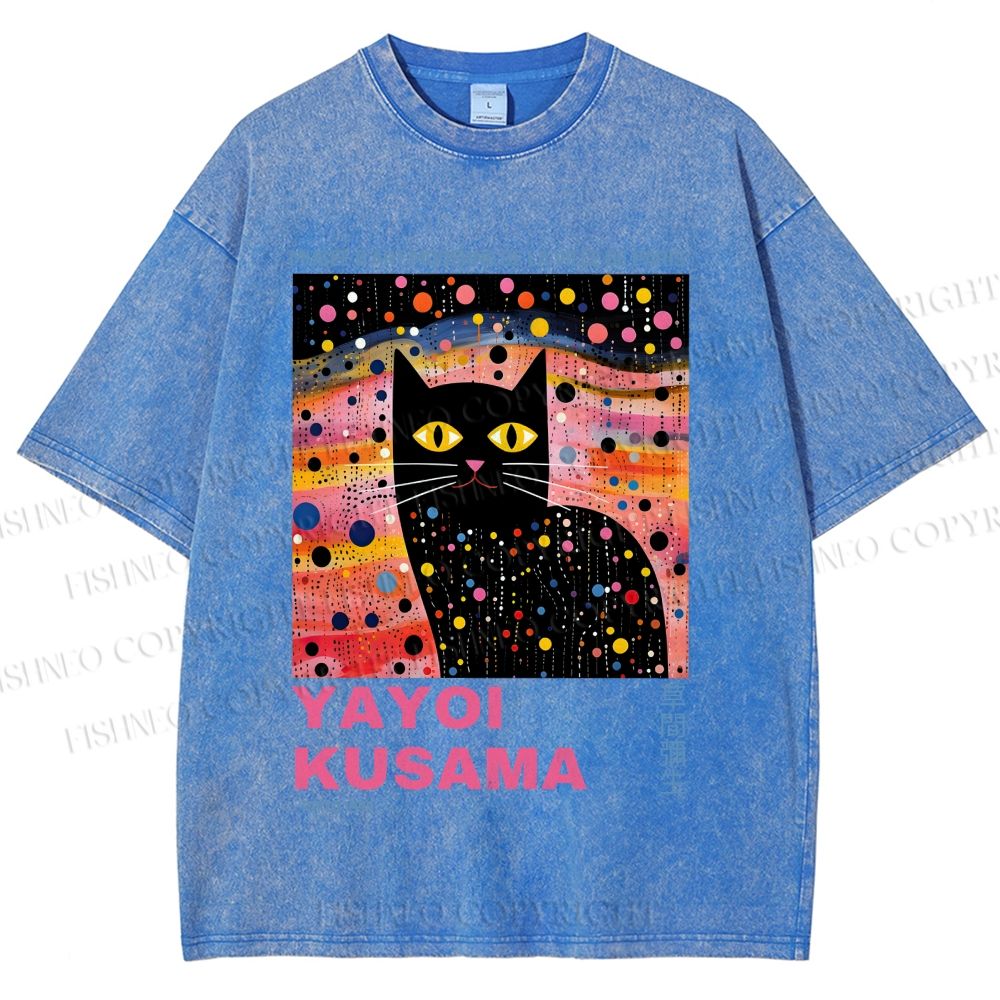 Unisex Yayoi Kusama Black Cat With Dots Printed Washed Tee