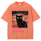 Unisex Yayoi Kusama Black Cat With Dots Printed Washed Tee