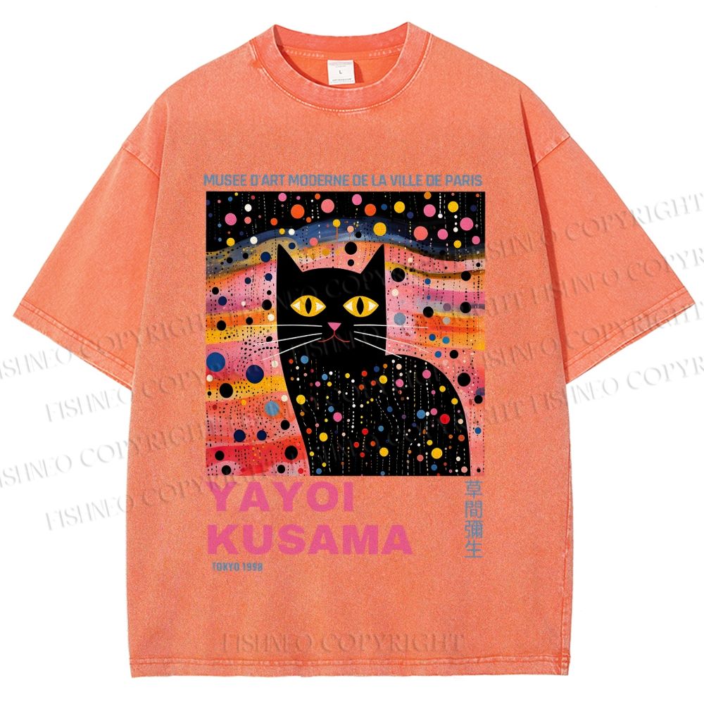 Unisex Yayoi Kusama Black Cat With Dots Printed Washed Tee
