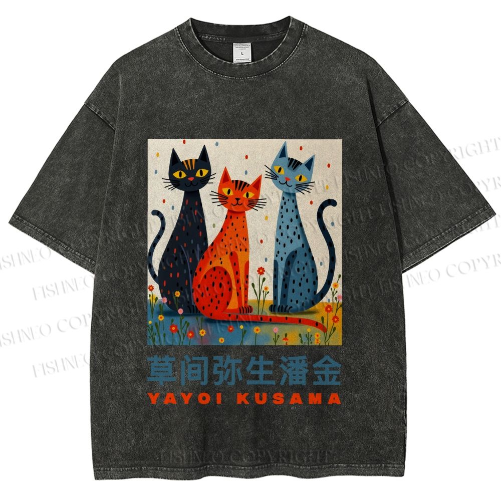 Unisex Yayoi Kusama Cats Printed Washed Tee