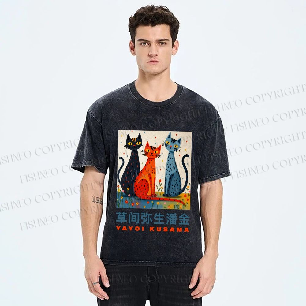 Unisex Yayoi Kusama Cats Printed Washed Tee