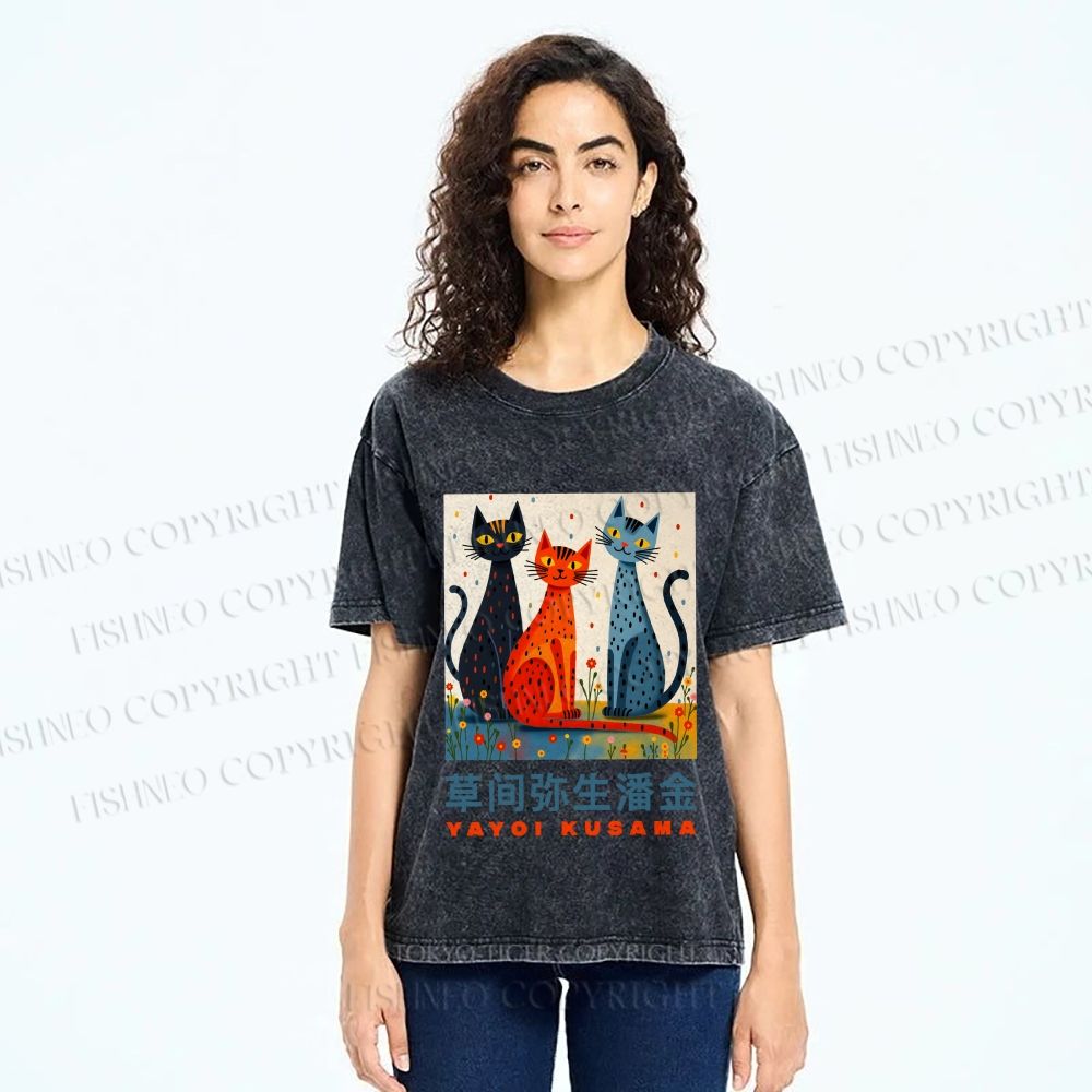 Unisex Yayoi Kusama Cats Printed Washed Tee
