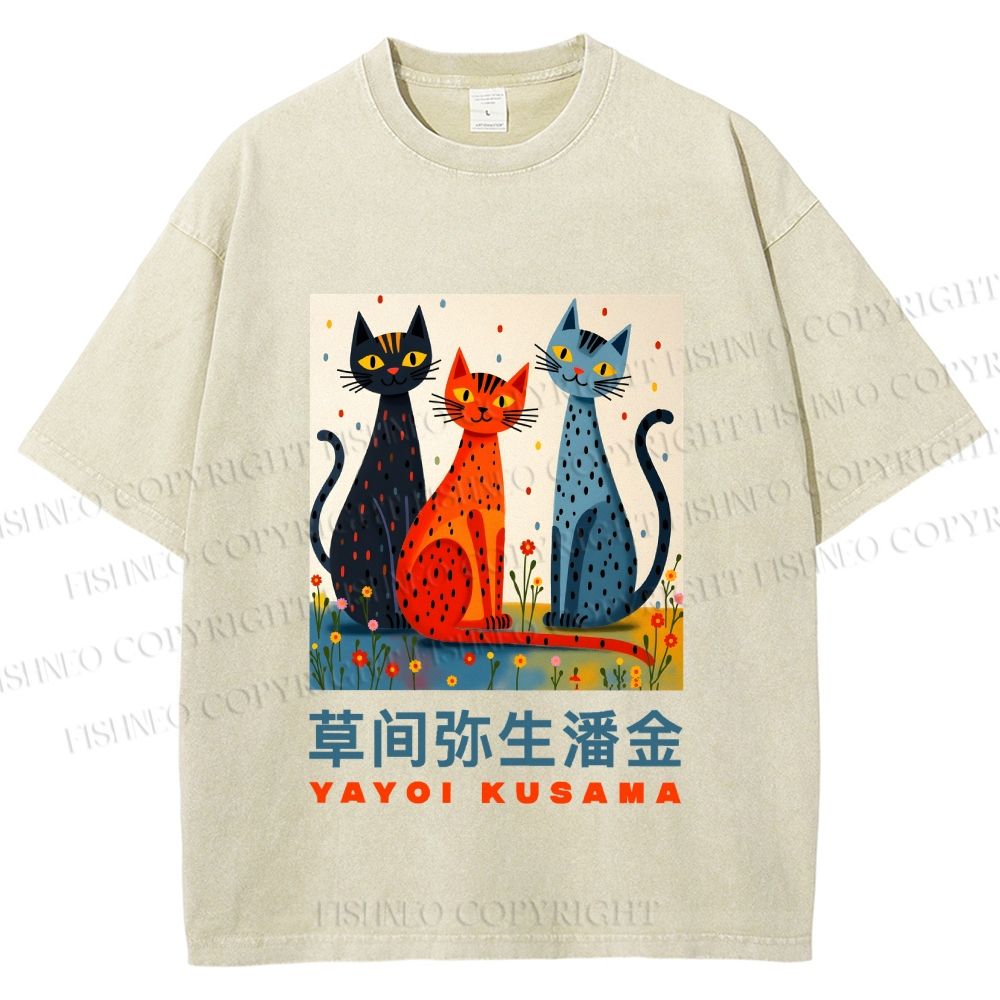 Unisex Yayoi Kusama Cats Printed Washed Tee