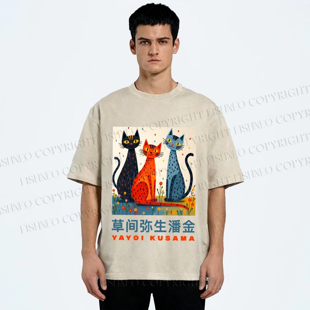 Unisex Yayoi Kusama Cats Printed Washed Tee