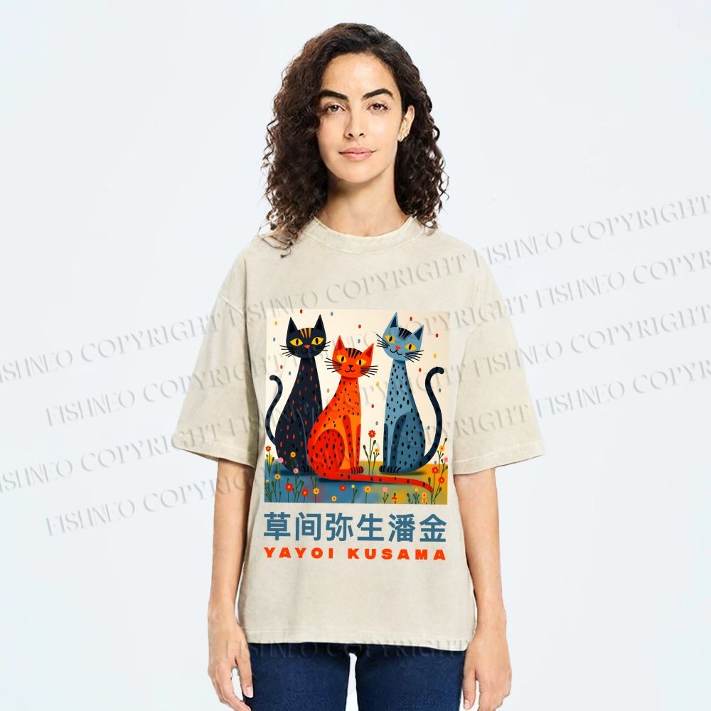 Unisex Yayoi Kusama Cats Printed Washed Tee