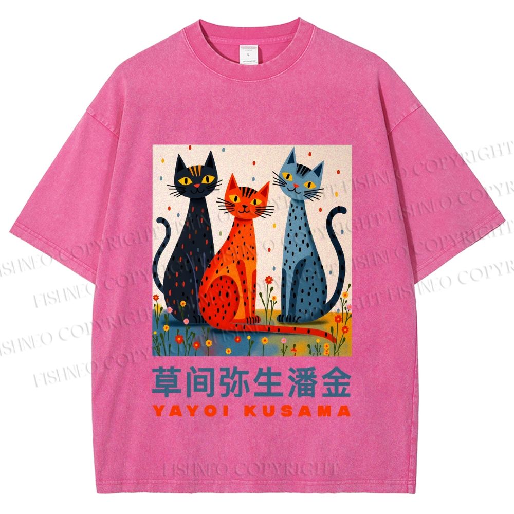 Unisex Yayoi Kusama Cats Printed Washed Tee