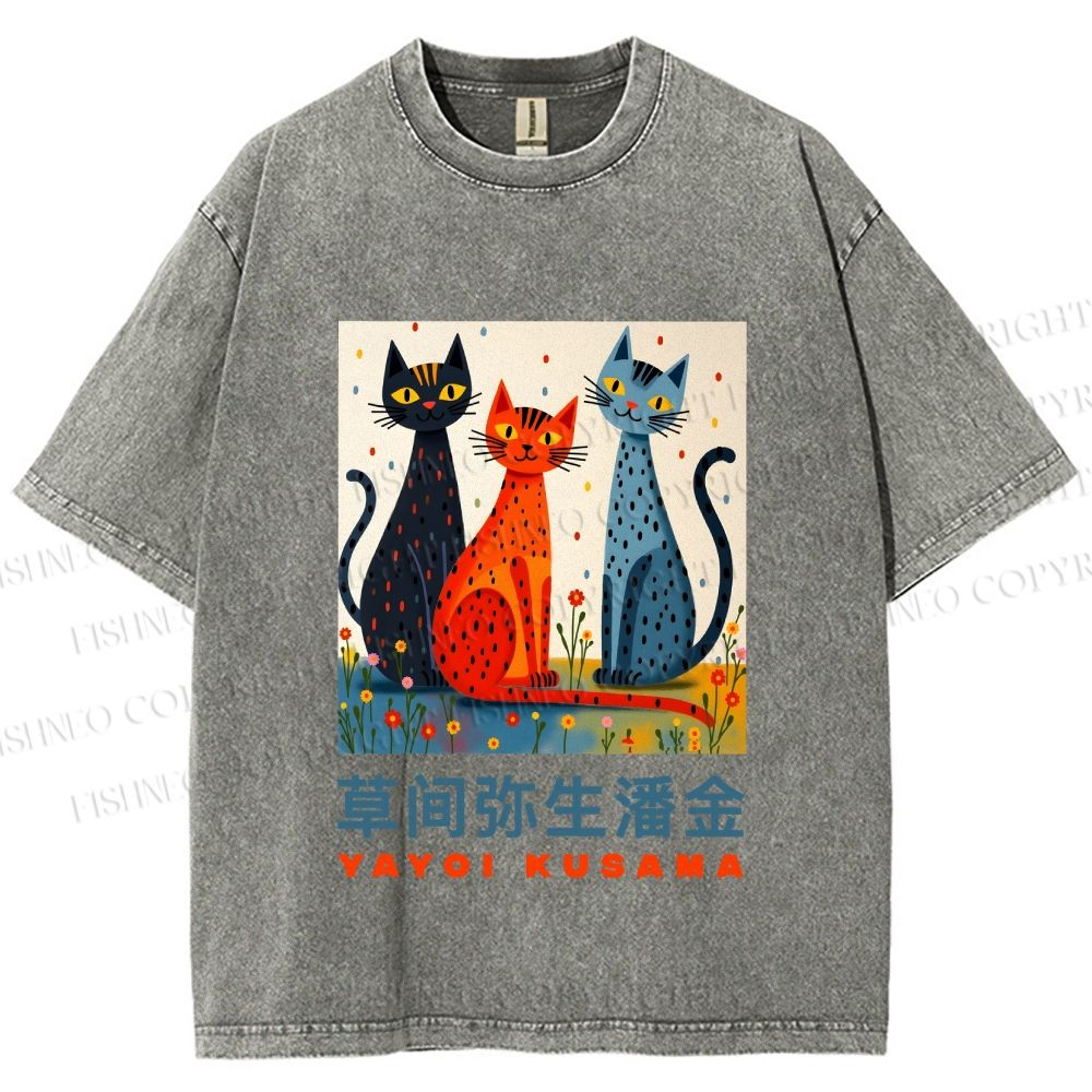 Unisex Yayoi Kusama Cats Printed Washed Tee