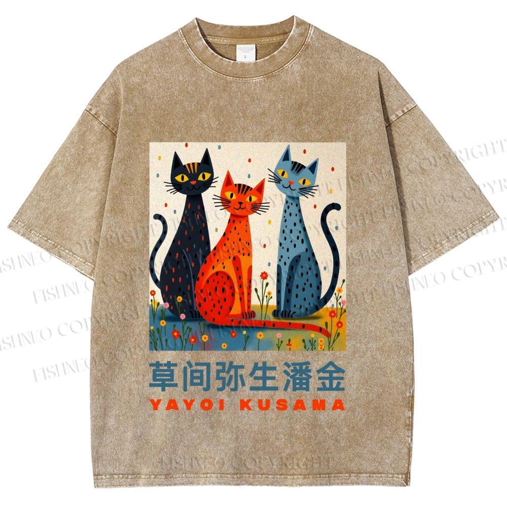 Unisex Yayoi Kusama Cats Printed Washed Tee