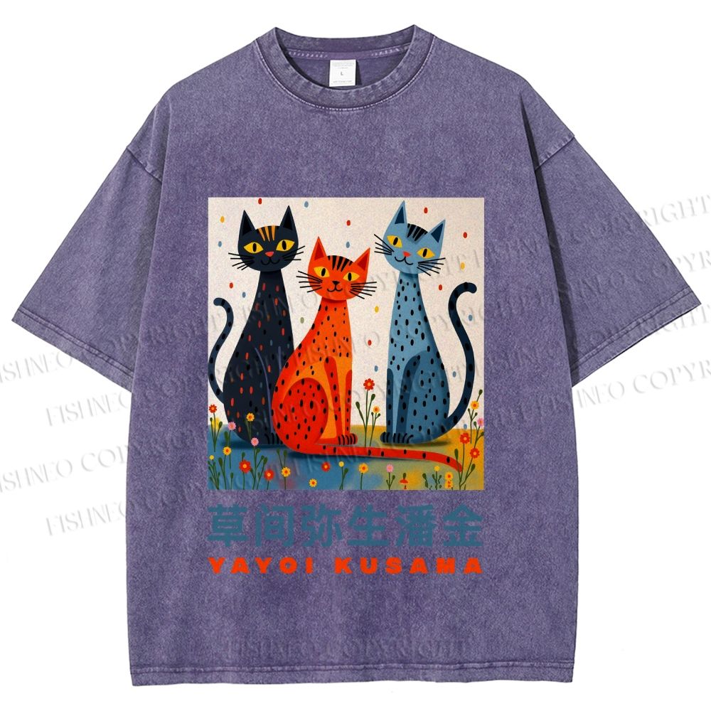 Unisex Yayoi Kusama Cats Printed Washed Tee