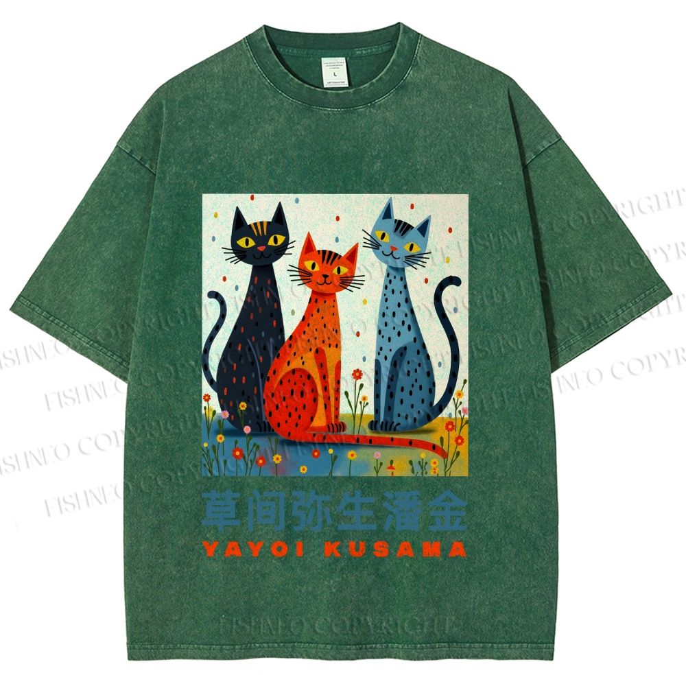 Unisex Yayoi Kusama Cats Printed Washed Tee