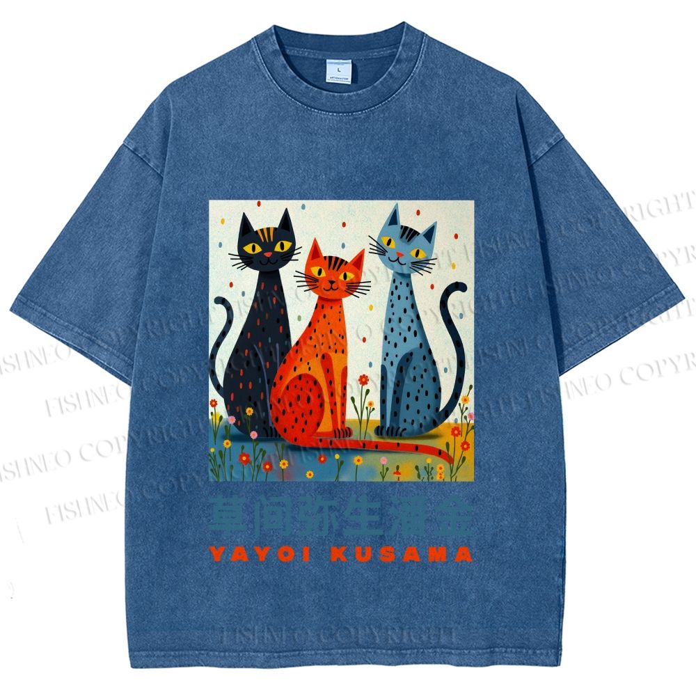 Unisex Yayoi Kusama Cats Printed Washed Tee