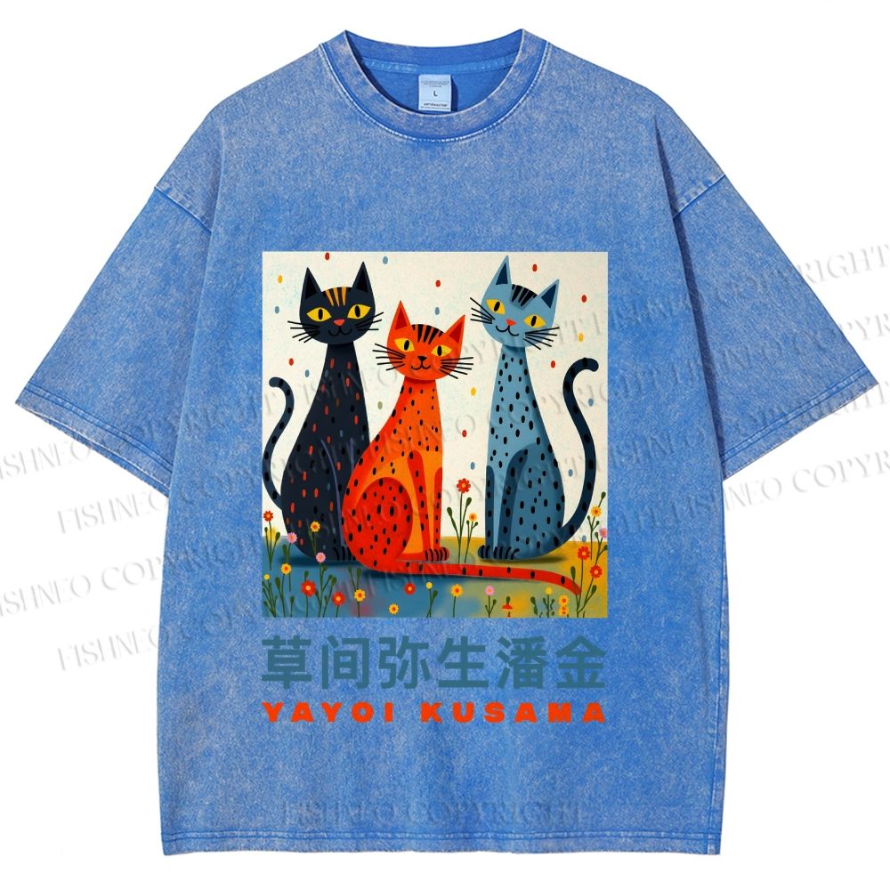 Unisex Yayoi Kusama Cats Printed Washed Tee