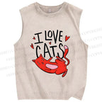 Unisex I Love Cat Printed Washed Tank Top
