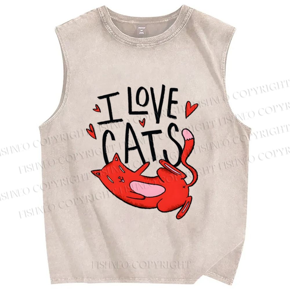 Unisex I Love Cat Printed Washed Tank Top
