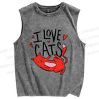 Unisex I Love Cat Printed Washed Tank Top
