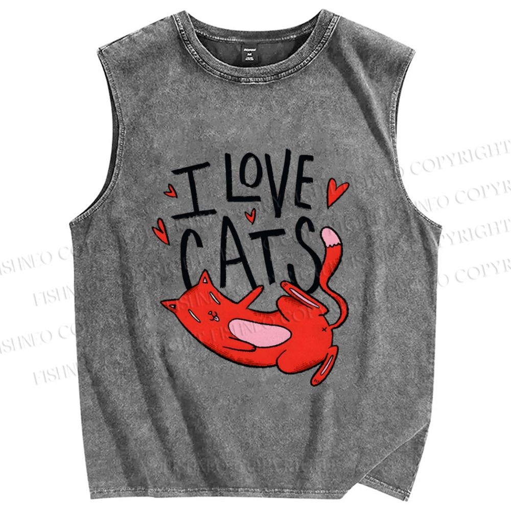 Unisex I Love Cat Printed Washed Tank Top