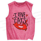 Unisex I Love Cat Printed Washed Tank Top