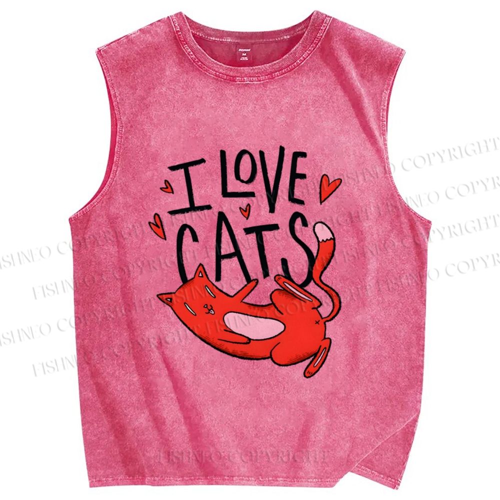 Unisex I Love Cat Printed Washed Tank Top