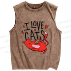 Unisex I Love Cat Printed Washed Tank Top