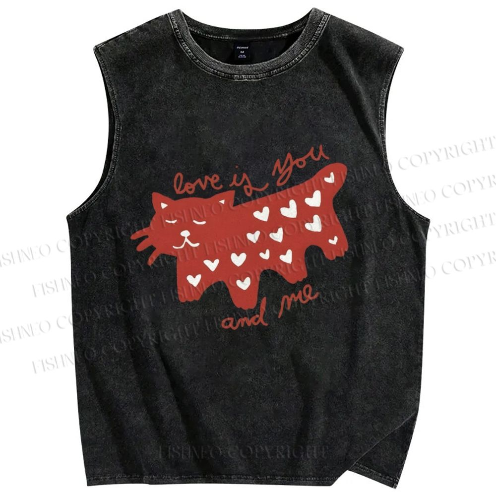 Unisex Valentine's Day Love Cat Printed Washed Tank Top