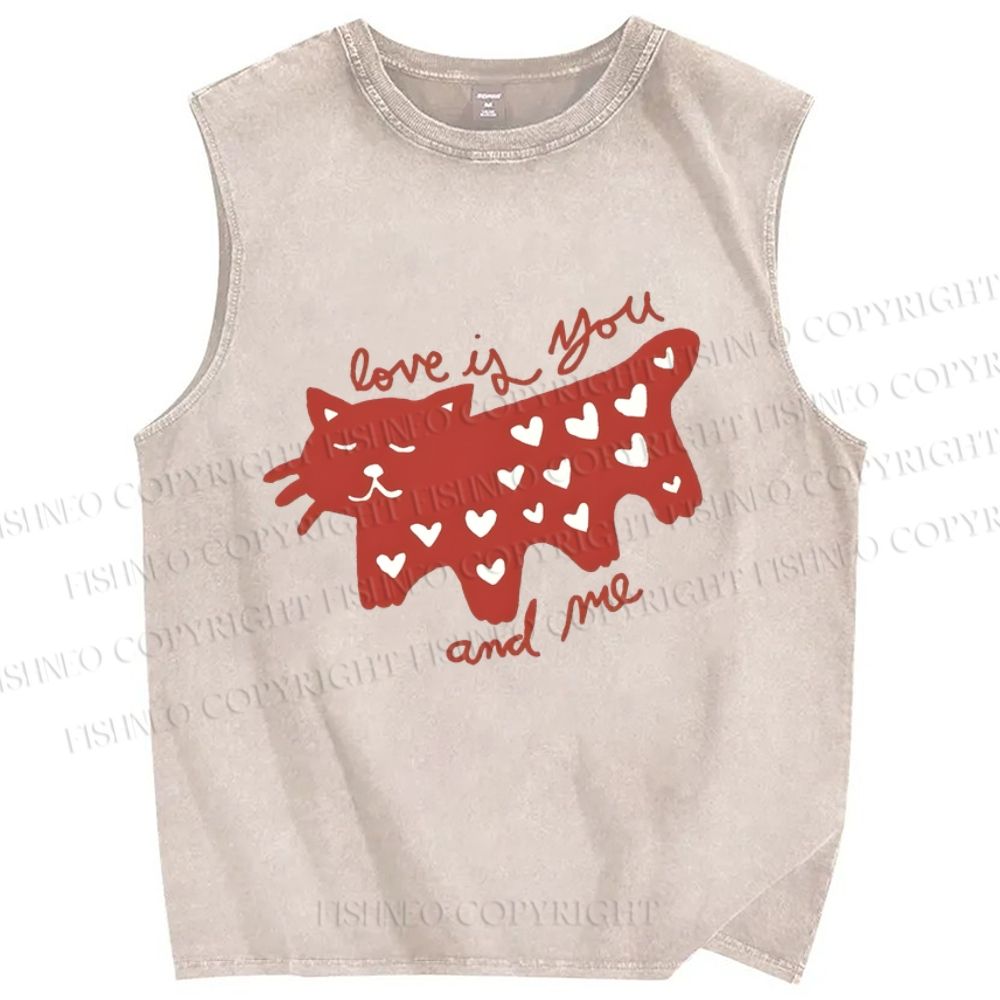 Unisex Valentine's Day Love Cat Printed Washed Tank Top