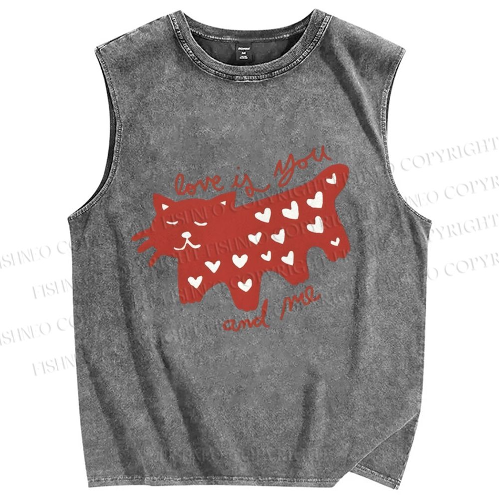 Unisex Valentine's Day Love Cat Printed Washed Tank Top