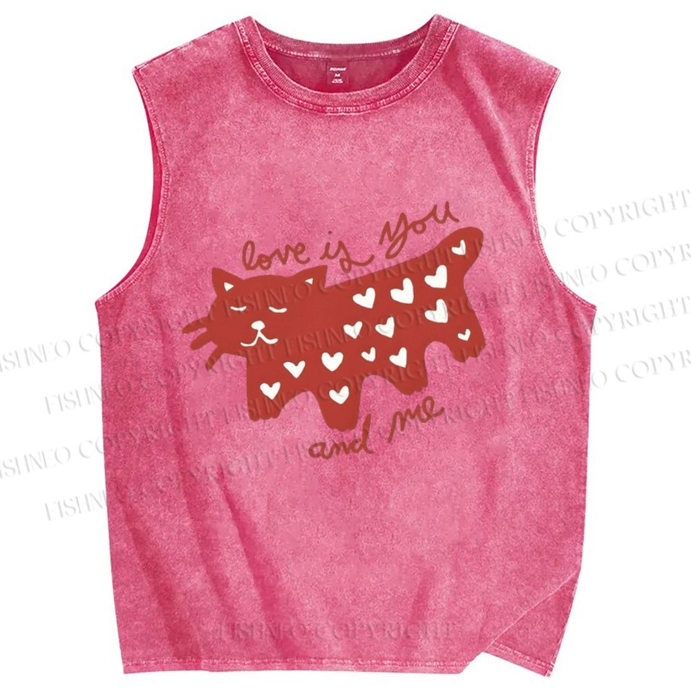 Unisex Valentine's Day Love Cat Printed Washed Tank Top