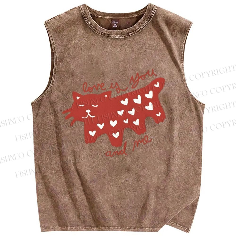 Unisex Valentine's Day Love Cat Printed Washed Tank Top