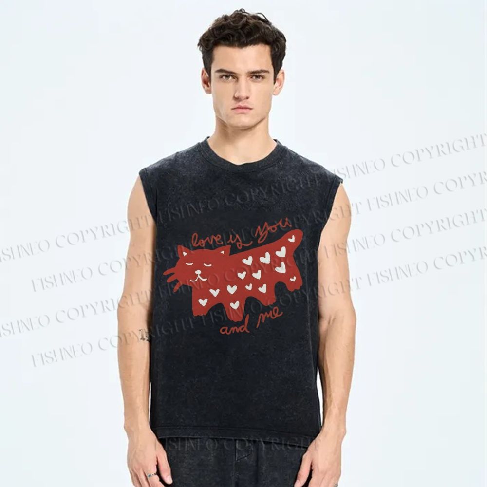 Unisex Valentine's Day Love Cat Printed Washed Tank Top