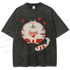 Unisex Valentine's Day Heart Cat Printed Washed Tee