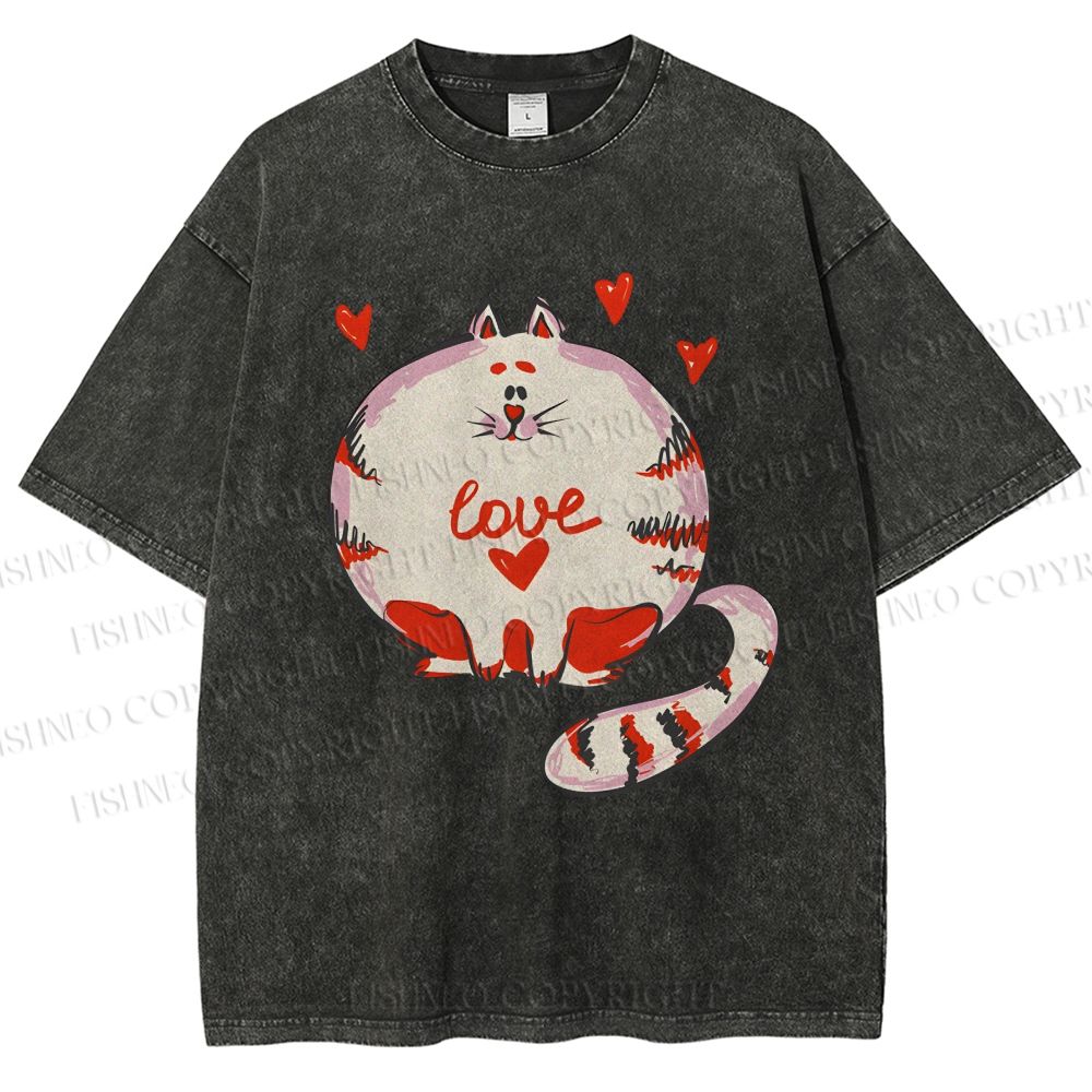Unisex Valentine's Day Heart Cat Printed Washed Tee