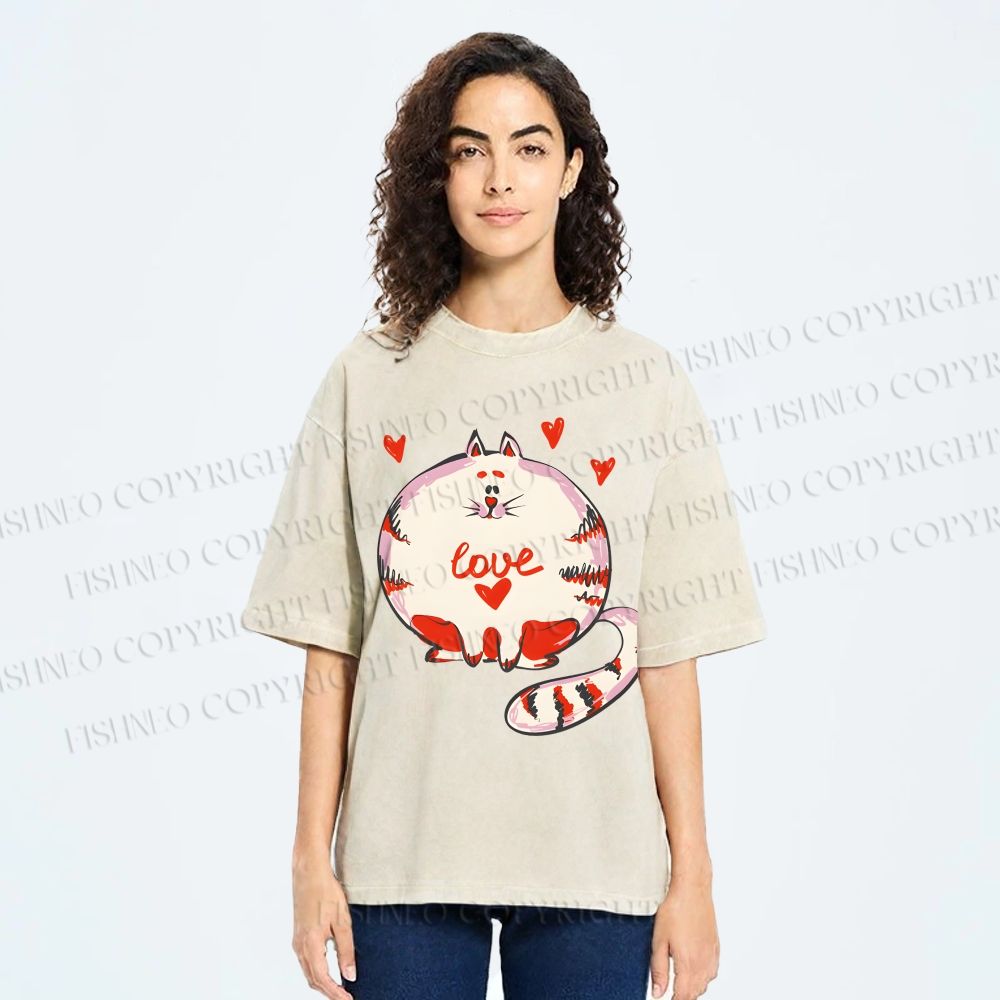 Unisex Valentine's Day Heart Cat Printed Washed Tee