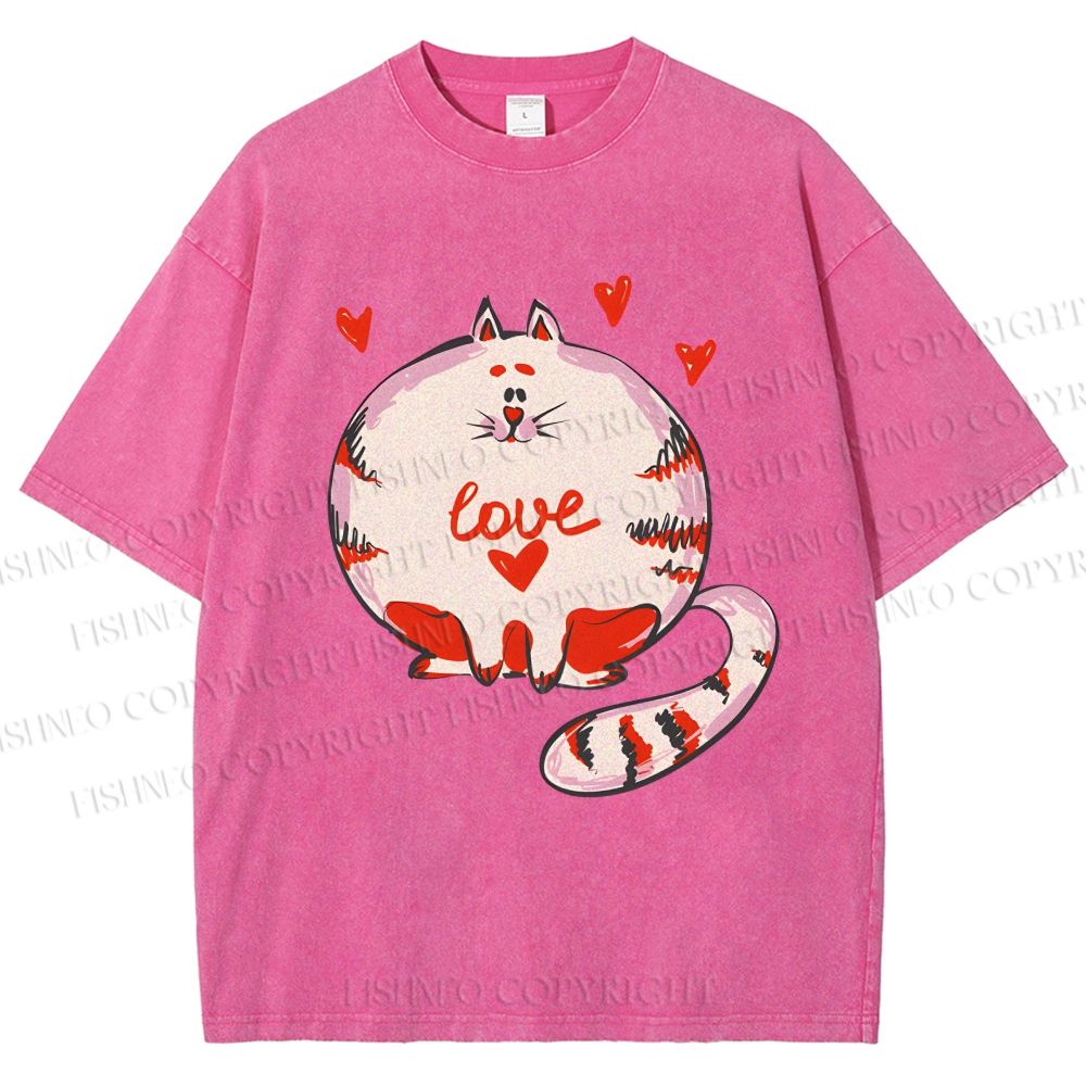 Unisex Valentine's Day Heart Cat Printed Washed Tee