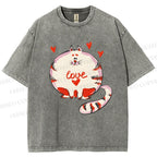 Unisex Valentine's Day Heart Cat Printed Washed Tee