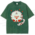 Unisex Valentine's Day Heart Cat Printed Washed Tee