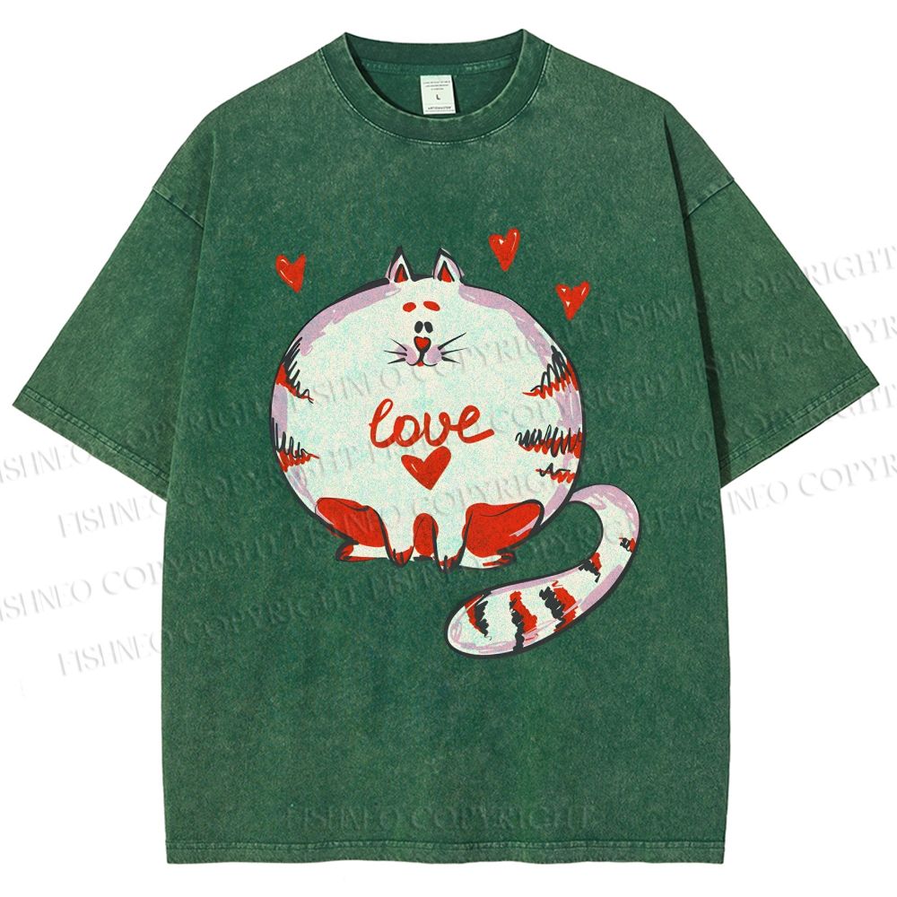 Unisex Valentine's Day Heart Cat Printed Washed Tee