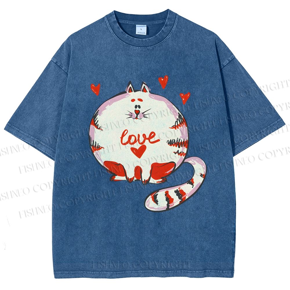 Unisex Valentine's Day Heart Cat Printed Washed Tee